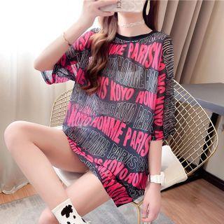 Elbow-sleeve Mesh Lettering Oversized T-shirt