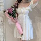 Off-shoulder Ruched Flower Print Mini A-line Dress Dress - Almond - One Size