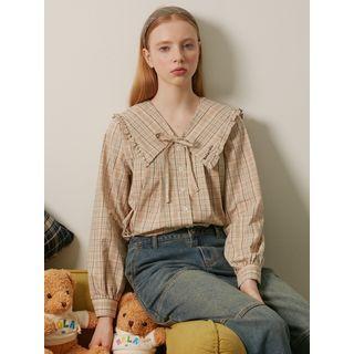 Snug Club Plaid Blouse With Frilled Collar Light Beige - One Size