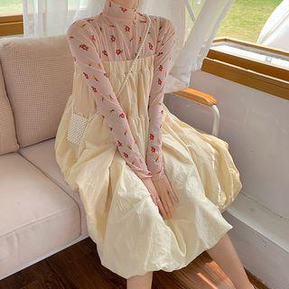 Set: Long-sleeve Floral Top + Spaghetti Strap A-line Dress