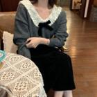 Ribbon V-neck Knit Sweater / Velvet Skirt