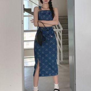 Set: Cross Print Denim Cropped Camisole Top + Midi Pencil Skirt
