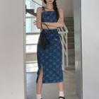 Set: Cross Print Denim Cropped Camisole Top + Midi Pencil Skirt