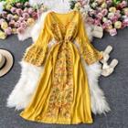 Tied-waist V-neck Embroidered Long-flared Sleeve Maxi Dress