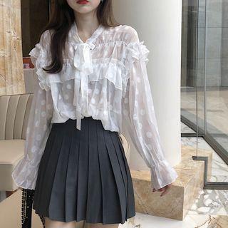Dotted Tie-neck Blouse White - One Size
