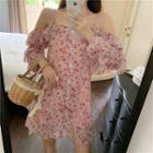 Long-sleeve Cold-shoulder Floral Print Mini A-line Dress