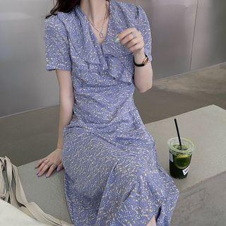 Short-sleeve Floral Print Ruffled Midi Mermaid Dress