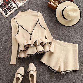 Set: Long-sleeve Knit Top + Vest + Wide-leg Shorts