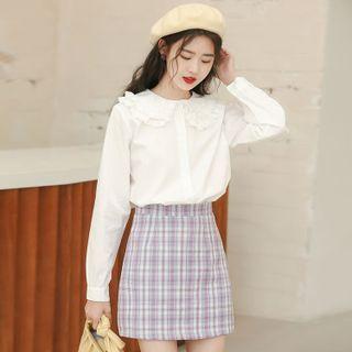 Peter Pan Collar Frill Trim Blouse White - One Size