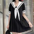Short-sleeve Sailor Collar Pleated Mini A-line Dress Black - One Size