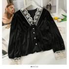 Lace-trim V-neck Loose Shirt Black - One Size