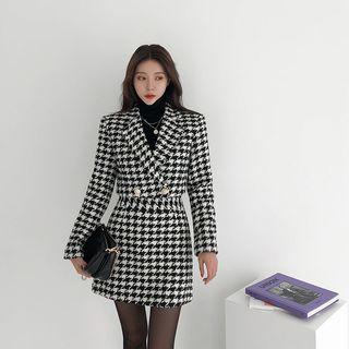Houndstooth Woolen Tweed Cropped Jacket Black - One Size