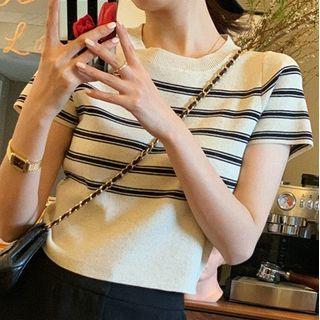 Striped Round-neck Short-sleeve Top Almond - One Size