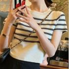 Striped Round-neck Short-sleeve Top Almond - One Size