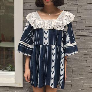 Elbow Sleeve Perforated Trim Patterned Dress