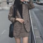 Plaid Button Blazer / Mini A-line Plaid Skirt