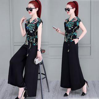 Set: Cap Sleeve Floral Print Wrapped Top + Wide-leg Pants