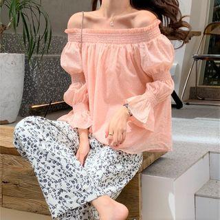 Off-shoulder Blouse / Flower Print Wide-leg Pants