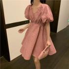 Puff-sleeve V-neck Heart Printed Dress Pink - One Size