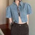 Short-sleeve Lace Up Washed Denim Shirt