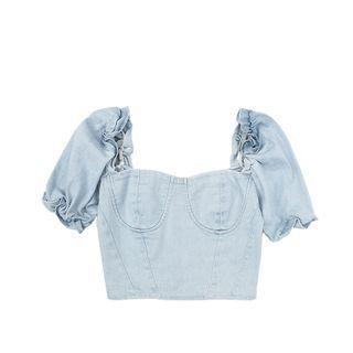 Square-neck Short-sleeve Denim Top