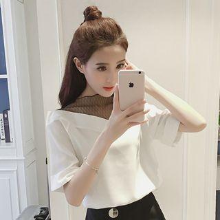 Mesh Panel Short Sleeve Chiffon Top