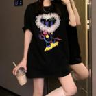 Short-sleeve Bear Print T-shirt / Floral A-line Skirt