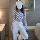 Long-sleeve Lettering Striped Cropped Top / High-waist Plain Pants