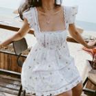 Sleeveless Floral Embroidered Lace Trim A-line Dress
