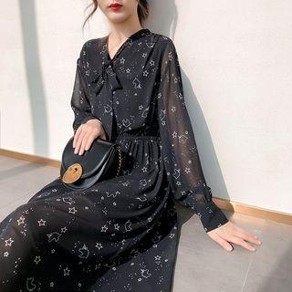 Star Print Long-sleeve Chiffon Dress
