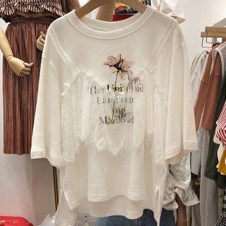 Mock Two-piece Lace Panel Flower Print T-shirt