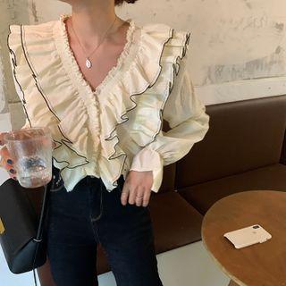Bell-sleeve Contrast Trim Layered Ruffled Blouse