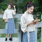 Hanfu Set: 3/4-sleeve Top + Plaid Midi Skirt