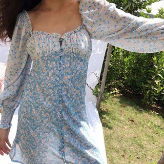 Floral Single-breasted Puff-sleeve Dress