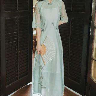 Short-sleeve Frog-button Maxi A-line Dress