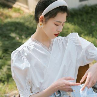 Lace Trim Puff-sleeve Cropped Blouse As Shown In Figure - One Size