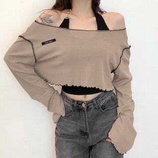 Set: Long-sleeve Frill Trim Crop Top + Halter-neck Camisole Top