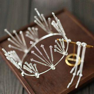 Set: Wedding Rhinestone Tiara + Fringed Earring Crown & Clip On Earring - One Size