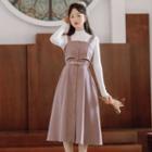 Long-sleeve Knit Top / Buckled Midi A-line Overall Dress / Set