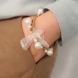 Faux Pearl Mesh Ribbon Bangle Gold - One Size