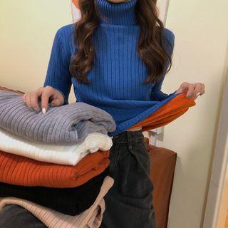 Fleeced Turtleneck Rib Knit Sweater