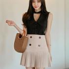 Set: V-neck Sleeveless Top + High Waist A-line Skirt