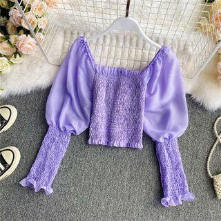 Square-neck Plain Puff Long-sleeve Top