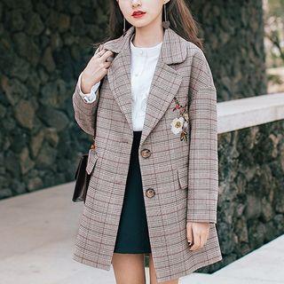 Flower Embroidered Plaid Blazer