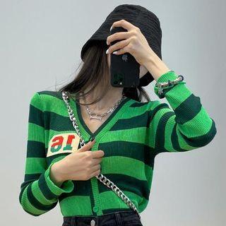 Long-sleeve Number Panel Striped Knit Cardigan
