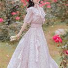 Short-sleeve Floral Print Lace Trim Midi A-line Chiffon Dress
