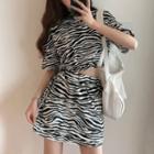 Set: Short-sleeve Zebra Print T-shirt + Mini A-line Skirt