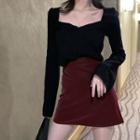 Square-neck Sweater / Velvet Mini A-line Skirt