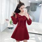 Bow Accent Dotted Panel Long-sleeve Mini A-line Dress