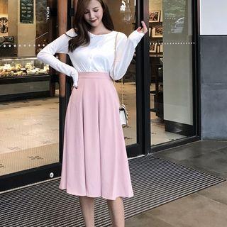 Button Long-sleeve Top / A-line Midi Skirt